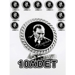 10 Adet Atatürk Gümüş Kaplama / Damla Mineli Yaka Rozeti