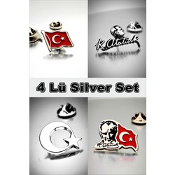 4 Lü Yaka Rozeti Silver Set
