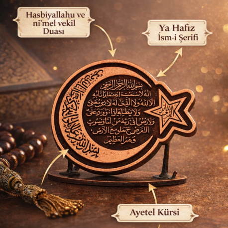 Ayetel Kürsi İşlemeli Ham Bakır Ayyıldız Rozet – Hasbiyallahu ve Ni'mel Vekil & Ya Hafız 