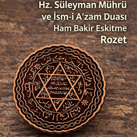 Hz. Süleyman Mührü ve İsm-i A'zam Duası İşlemeli Eskitme Bakır Rozet Manevi Sembol