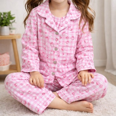 Çilek model gömlek yaka düğmeli pijama takımı