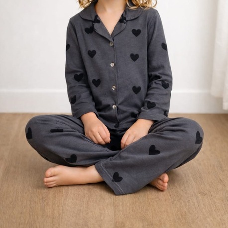 Siyah Kalp Model Düğmeli Pijama Takımı