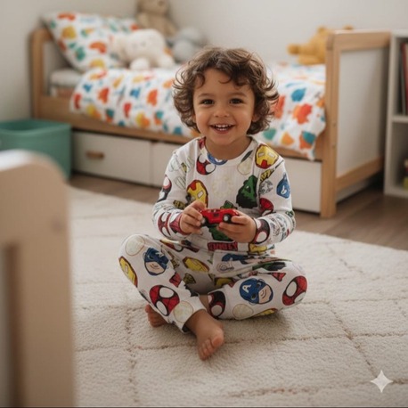Süper kahramanlar desenli düz model pijama takımı.