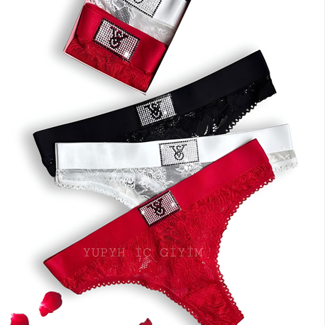  Victoria’s Secret Özel Seri Taşlı Dantelli 3’lü Tanga Set 