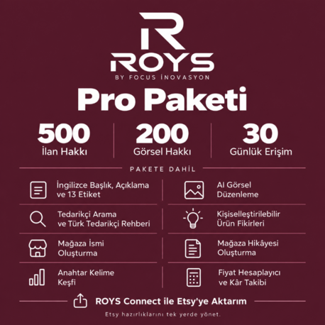 ROYS Pro Paketi | 500 İlan + 200 Görsel | 30 Gün Geçerli Erişim
