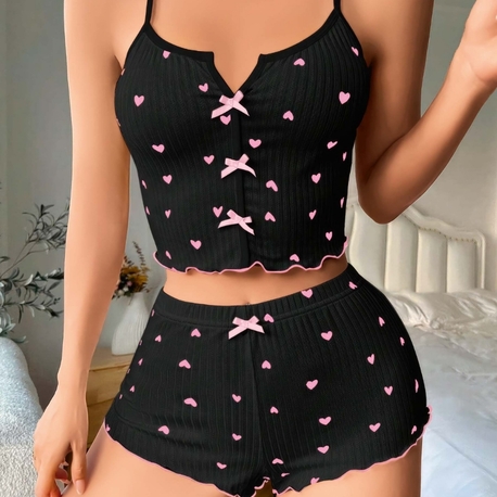 ZARVIA Kalp Desenli Şort Crop Pijama Takımı %100 Pamuk Siyah