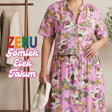 Pastel Çiçekli Gömlek Etek Takımı