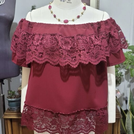 STD/Madonna Bordo Dantel Detaylı Bohem Bluz