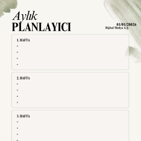 Beyaz Yeşil Organik Aylık Planlayıcı A4 Belge