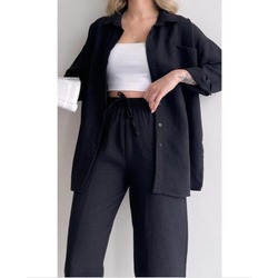 zemka moda Kadın Ikili Slim-fit Keten Gömlek Pantolon Alt Üst Takım 