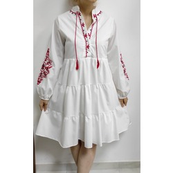 zemka moda Kırmızı Nakışlı Kolları Büzgülü Eteği Volanlı Salaş Beyaz Gömlek Elbise 