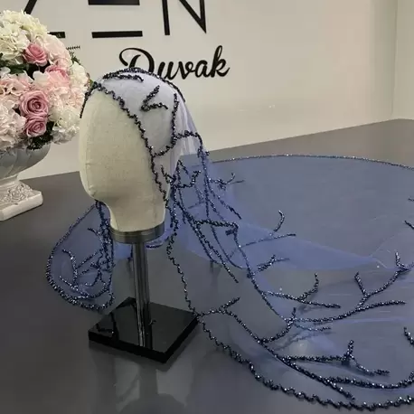 İndigo nakışlı dal model gelin duvağı