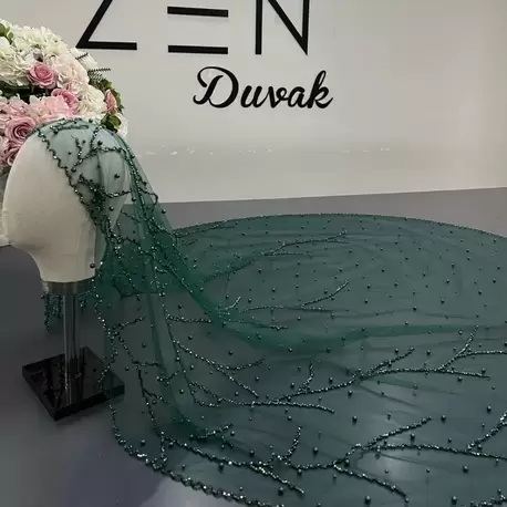 Yeşil inci nakışlı dal model gelin duvağı