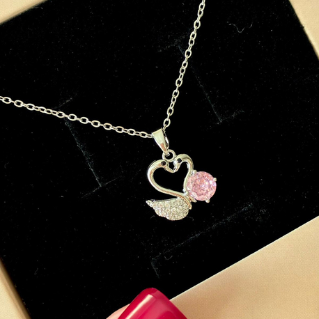 Çelik | Pembe Işıltı Kalp Kuğu Kolye Silver