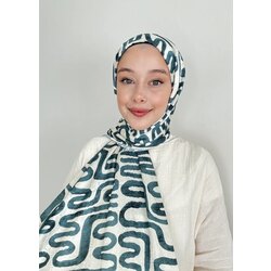 Soyut Dalga Desen Parlak Bambu Şal Krem Petrol