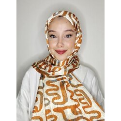 Soyut Dalga Desen Parlak Bambu Şal Krem-Karamel