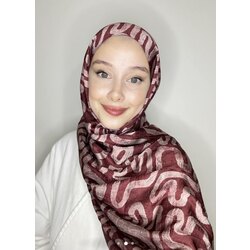 Soyut Dalga Desen Parlak Bambu Şal Bordo-Pudra