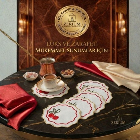 Premium 6’lı Kokteyl ve Kahve Altı Sunum Peçetesi Kırmızı Kiraz Serisi - 20252001297