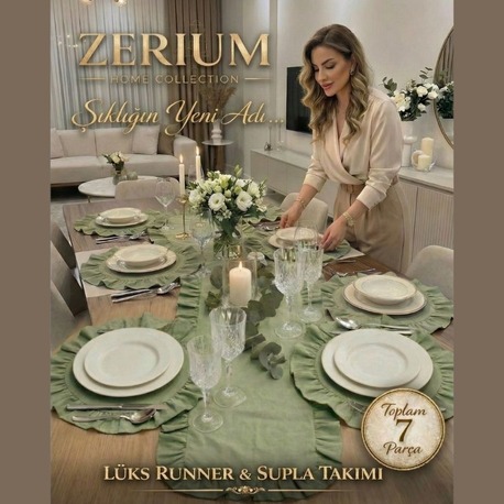 Fırfırlı Ham Keten 7’li Runner ve Supla Şık Sofra & Sunum Çeyiz Seti - 20252001304