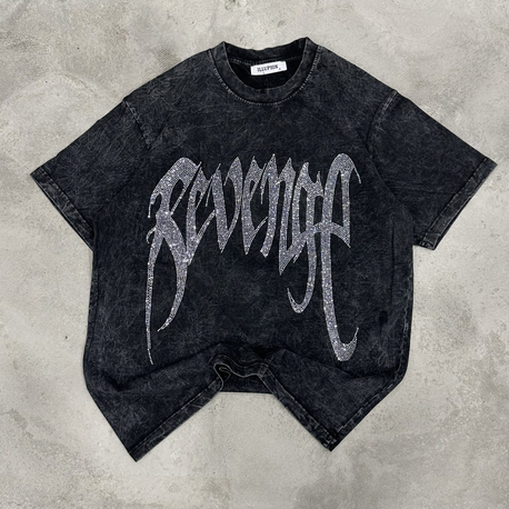 Yıkamalı Revenge Taşlı T-Shirt (Siyah)
