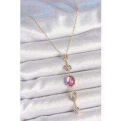 Gold Renk Pembe Zirkon Taşlı Y Kolye