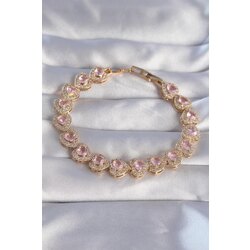 VİP SERİ Gold Renk Pembe Zirkon Taşlı Kalp Tasarımlı Bileklik