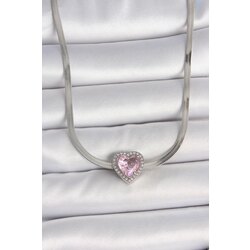 Pembe Zirkon Taşı Kalp Model Kolye