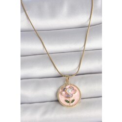 Pembe Çiçek İşlemeli İnci Detay Portre Kolye
