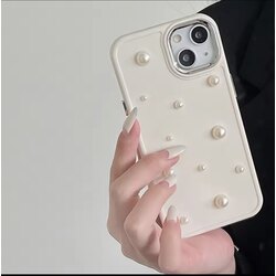 iPhone 13/14/15 İncili Krem Telefon Kılıfı