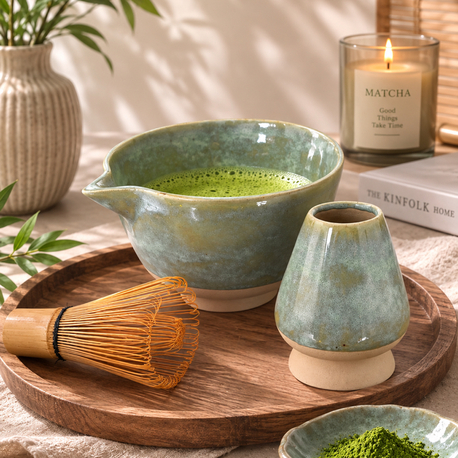 Lagoon Stoneware Matcha Kase + Whisk Tutucu Set (500 Ml Hacimli)