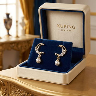 XUPİNG 14K TAŞLI İNCİLİ MODEL HİLAL KÜPE