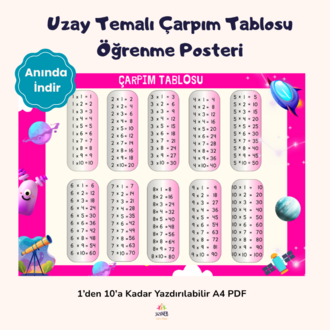 Pastel Uzay Temalı Çarpım Tablosu | A4 Yazdırılabilir PDF Etkinlik Seti