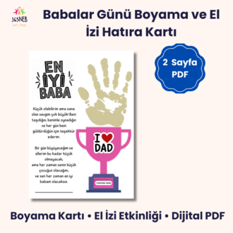 Babalar Günü Boyama ve El İzi Hatıra Kartı | 2 Sayfa A4 Yazdırılabilir PDF