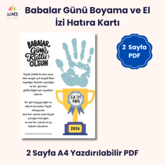 Babalar Günü Boyama ve El İzi Hatıra Kartı | 2 Sayfa A4 Yazdırılabilir PDF