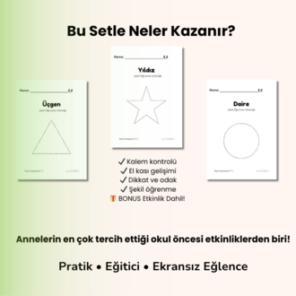 Şekil Öğrenme & Çizgi İzleme Seti (3–6 Yaş) | 14 Sayfa PDF + BONUS 