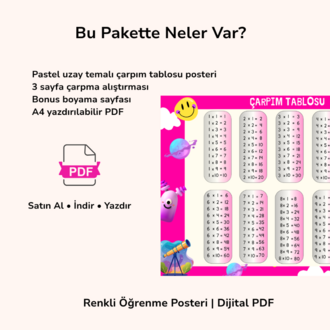Pastel Uzay Temalı Çarpım Tablosu | A4 Yazdırılabilir PDF Etkinlik Seti