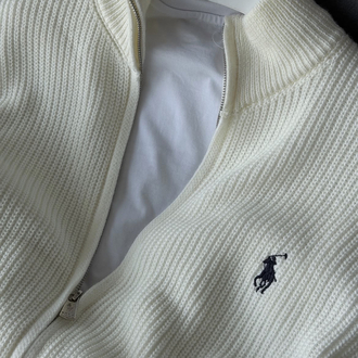 Premium Kalite Polo Fermuarlı Triko Hırka - Ekru