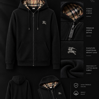 Burberry Stili İç Ekose Detaylı Siyah Hoodie