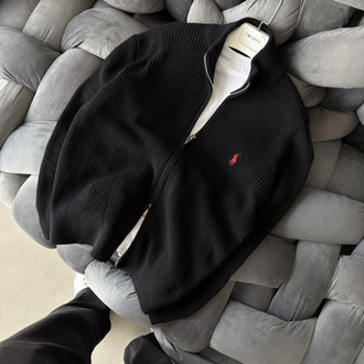 Premium Kalite Polo Fermuarlı Triko Hırka - Siyah