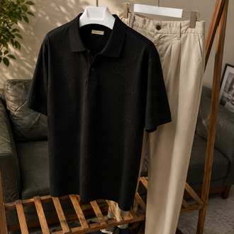 Gucci İmzalı Siyah Monogram Desenli Polo Yaka Tişört