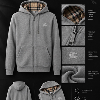 Burberry Stili İç Ekose Detaylı Gri Hoodie