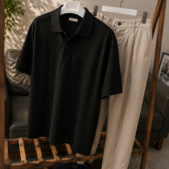 Gucci İmzalı Siyah Monogram Desenli Polo Yaka Tişört