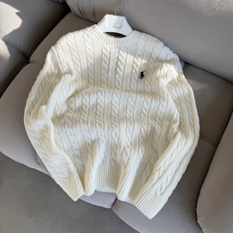 Premium Kalite Polo Saç Örgü Kışlık Kazak - Beyaz