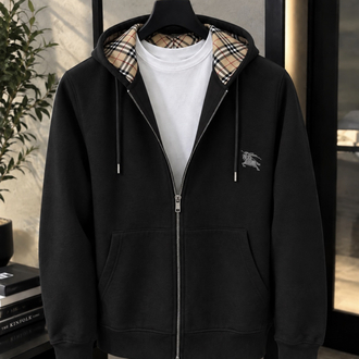Burberry Stili İç Ekose Detaylı Siyah Hoodie
