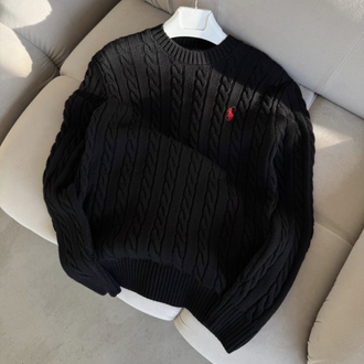 Premium Kalite Polo Saç Örgü Kışlık Kazak - Siyah