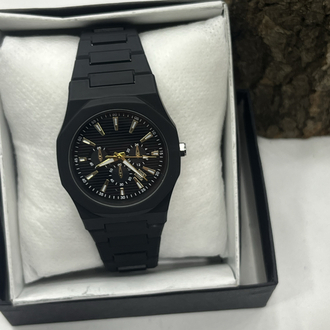 Carbon Gold Özel Seri - Siyah Çelik Kasa Altın Detaylı Saat + Cüzdan Hediye 
