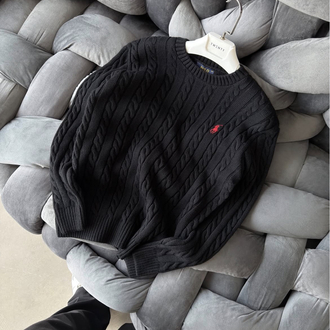 Premium Kalite Polo Saç Örgü Kışlık Kazak - Siyah
