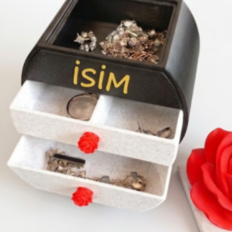 Kişiye Özel İsimli Mini Takı Kutusu - Gül Detaylı 3D Baskı Çekmeceli Mücevher Organizeri