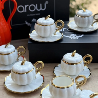 AROW 6 Kişilik Lüks Kabaklı Porselen Beyaz Kahve Takımı