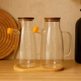 KRD HOME Bambu Standlı Borosilikat İkili Yağdanlık Seti 1 Litre